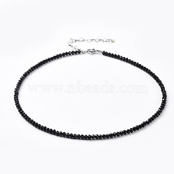 Faceted Rondelle Glass Beaded Necklaces, with Brass Crimp Beads, Stainless Steel Heart Link Chain Extender and Lobster Claw Clasps, Black, 14.37 inch(36.5cm)(NJEW-JN02568-05)
