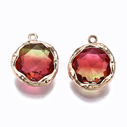 Two-Tone Faceted Glass Charms, with Brass Prong Settings, Flat Round, Light Gold, Cerise, 14x12x4.5mm, Hole: 1mm(X-GLAA-S193-032C)