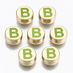 Alloy Enamel Beads, Cadmium Free & Lead Free, Flat Round with Initial Letters, Light Gold, Yellow Green, Letter.B, 8x4mm, Hole: 1.5mm(X-ENAM-S122-029B-RS)
