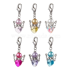 Heart Angel Glass Pendant Decoration, Lobster Claw Clasps Charm for Bag Ornaments, Mixed Color, 43mm, 6pcs/set.(HJEW-JM01980)