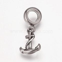 304 Stainless Steel European Dangle Charms, Large Hole Pendants, Anchor, Antique Silver, 24mm, Hole: 5mm, Pendant: 14x10x2mm(OPDL-K001-29AS)