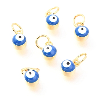 Brass Enamel Pendants, Long-Lasting Plated, Real 18K Gold Plated, with Jump Rings, Column with Evil Eye, Deep Sky Blue, 7x3.5x4.5mm,Jump Ring: 5x0.6mm, 3mm inner diameter.