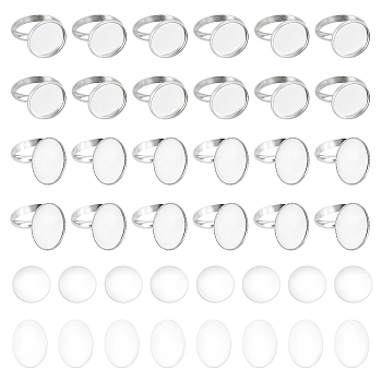 DIY Blank Dome Finger Rings Making Kit, Including 304 Stainless Steel Ring Components, Glass Cabochons, Stainless Steel Color, 48Pcs/box