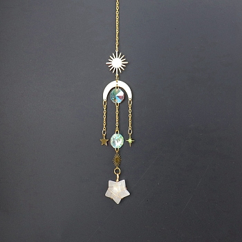 Natural Quartz Crystal Star Sun Catcher Hanging Ornaments with Brass Sun, for Home, Garden Decoration, Golden, 400mm