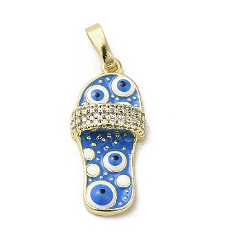 Brass Micro Pave Cubic Zirconia Pendants, with Enamel, Real 18K Gold Plated, Slipper
 with Evil Eye, Dodger Blue, 23x10.5x5mm, Hole: 3.5x5.5mm