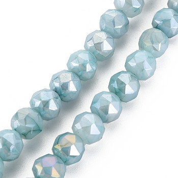 Electroplate Glass Beads Strands, Faceted, Round, Light Sea Green, 7.5x8mm, Hole: 1.2mm, about 50pcs/strand, 14.76 inch(37.5cm)