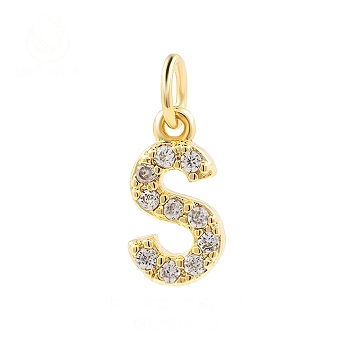Brass Cubic Zirconia Pendants with Jump Rings, Real 18K Gold Plated, Letter S, 15.8x7.7x2.2mm, Hole: 2.8mm