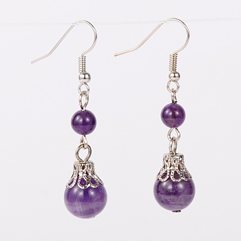 Natural Gemstone Dangle Earrings, with Iron Bead Caps and Brass Earring Hooks, Platinum, Amethyst, 47mm, Pin: 0.7mm