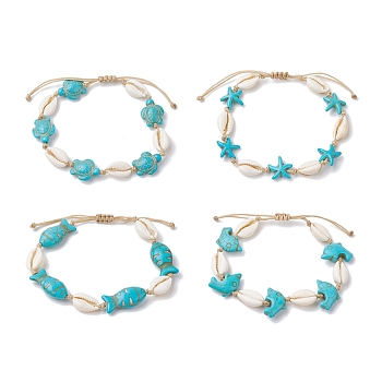 Natural Shell & Synthetic Turquoise Braided Bead Anklets, Mixed Shapes, Inner Diameter: 1-7/8~3 inch(4.7~7.5cm), bead: 18~28x11.5~19mm