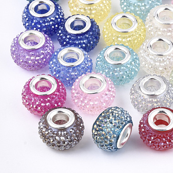 Resin Rhinestone European Beads, Large Hole Beads, with Platinum Tone Brass Double Cores, AB Color, Rondelle, Berry Beads, Mixed Color, 14x10mm, Hole: 5mm