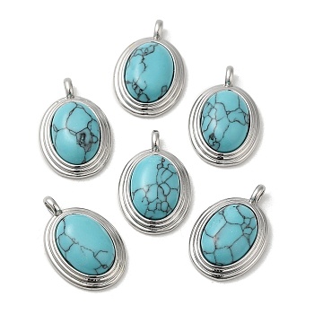 Synthetic Turquoise Pendants, Brass Oval Charms, Real Platinum Plated, 23x15x7mm, Hole: 3x2mm