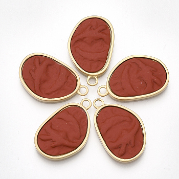 Smooth Surface Spray Painted Alloy Pendants, Bean, Matte Gold Color, Red, 30x19x4mm, Hole: 3mm