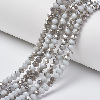 Electroplate Opaque Glass Beads Strands, Half Gray Plated, Faceted, Rondelle, WhiteSmoke, 8x6mm, Hole: 1mm, about 65~68pcs/strand, 15.7~16.1 inch(40~41cm)