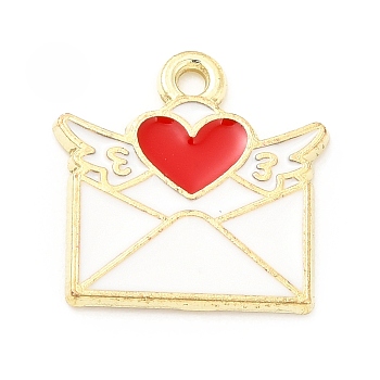 Alloy Enamel Pendants, Light Gold, Envelope with Heart & Wing Charm, White, 15x15x1mm, Hole: 1.4mm