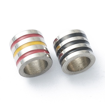304 Stainless Steel Beads, with Enamel, Column with Stripe Pattern, Stainless Steel Color, Mixed Color, 8~9x7.5~9.5mm, Hole: 4.5mm and 5.5mm