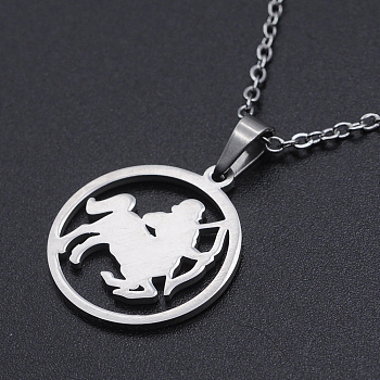 201 Stainless Steel Pendants Necklaces, with Cable Chains and Lobster Claw Clasps, Flat Round with Constellation/Zodiac Sign, Sagittarius, 15-3/4 inch(40cm), 1.5mm