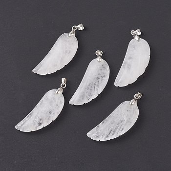 Natural Quartz Crystal Pendants, Rock Crystal Pendants, with Platinum Plated Brass Loops, Wing, 36x15~16.6x6.5~7.7mm, Hole: 5x4mm