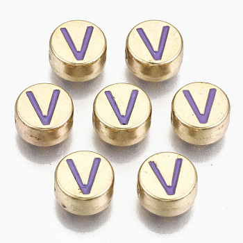 Alloy Enamel Beads, Cadmium Free & Lead Free, Flat Round with Initial Letters, Light Gold, Medium Purple, Letter.V, 8x4mm, Hole: 1.5mm