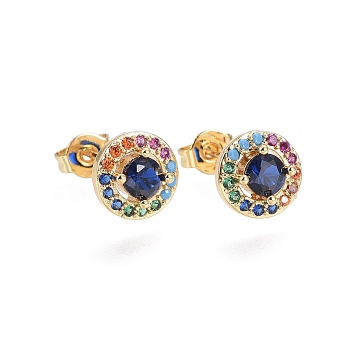 Brass Micro Pave Cubic Zirconia Stud Earrings, Flat Round, Golden, Colorful, 15.5x8.4x3.5mm, Pin: 0.7mm