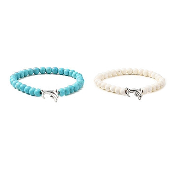 2Pcs 2 Color Tibetan Style Alloy Dolphin & Synthetic Turquoise Round Beaded Stretch Bracelets Set, Stackable Bracelets, Mixed Color, Inner Diameter: 2 inch(5cm), 1Pc/color