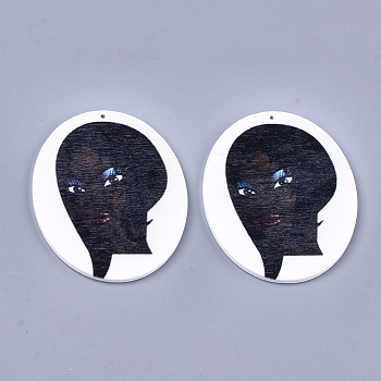 Printed Wooden Big Pendants, Dyed, Oval with Woman, Black, 63x50x2.5mm, Hole: 1.2mm