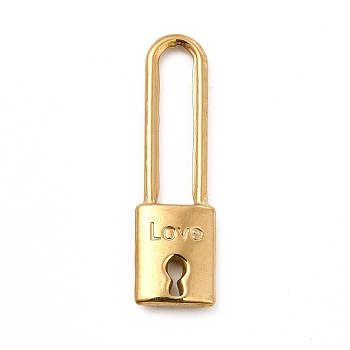 Ion Plating(IP) 304 Stainless Steel Pendants, Lock with Word LOVE Charm, Golden, 25x7x2mm, Hole: 3x14.8mm