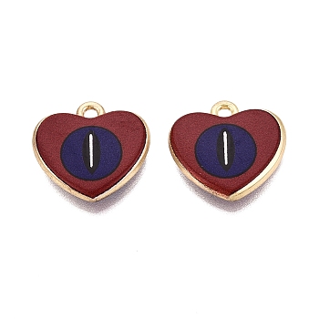 Valentine's Day Printed Alloy Pendants, Rack Plating, Heart & Eye Charms, Cadmium Free & Nickel Free & Lead Free, Golden, Dark Red, 17x17.5x3mm, Hole: 1.6mm
