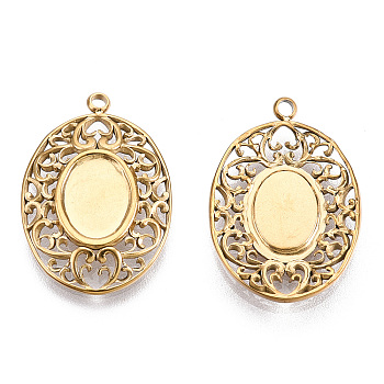 304 Stainless Steel Pendant Cabochon Settings, Oval, Nickel Free, Real 14K Gold Plated, Tray: 6.5x8.5mm, 21x15x2.5mm, Hole: 1.5mm
