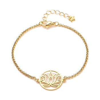 201 Stainless Steel Lotus Links Bracelet with 304 Stainless Steel Box Chains for Women, Golden, 7-1/2 inch(19cm)