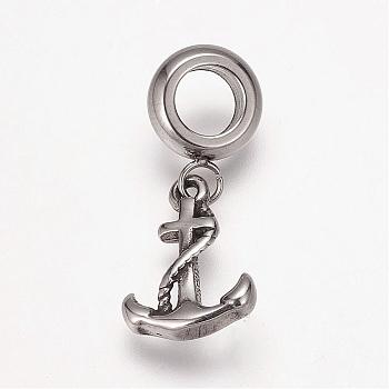 304 Stainless Steel European Dangle Charms, Large Hole Pendants, Anchor, Antique Silver, 24mm, Hole: 5mm, Pendant: 14x10x2mm
