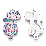 Printed Alloy Kitten Connector Charms, with Enamel, Cartoon Cat Links, Cadmium Free & Lead Free, Platinum, Misty Rose, 29.5x16.5x2mm, Hole: 1.8mm(PALLOY-TAC0032-12B)
