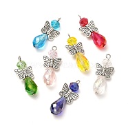 Glass Pendants, with Tibetan Style Alloy Butterfly Beads and Electroplate Glass Beads Strands, AB Color Plated, Teardrop, Mixed Color, 34.5x15x9mm, Hole: 1.8mm(PALLOY-JF00896)