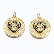 Brass Micro Pave Cubic Zirconia Pendants, Real 16K Gold Plated, with Jump Rings, Nickel Free, Flat Round with Leopard, Black, 23x21x5.5mm, Hole: 3mm(ZIRC-N039-124A-NF)