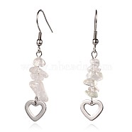 Heart Natural Crystal Dangle Earrings, with 304 Stainless Steel Earring Hooks, 52mm, Pin: 0.6mm(EJEW-JE01886-01)