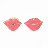 Eco-Friendly Zinc Alloy Enamel Brooches, Enamel Pin, with Badge Lapel Pin Back Butterfly Clutches, Lip, Hot Pink, 14x21mm, pin: 1mm(JEWB-N003-06)