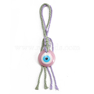 Flat Round with Evil Eye Resin Pendant Decorations, Cotton Cord Braided Tassel Hanging Ornament, Pink, 160mm(EVIL-PW0002-12D-01)