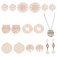 56Pcs 7 Styles Brass Connector Charms, Etched Metal Embellishments, Long-Lasting Plated, Owl & Flat Round, Mixed Shapes, Light Gold, 16~23.5x12.5~20x0.3mm, Hole: 1mm, 8pcs/style(KKC-CA0001-07)