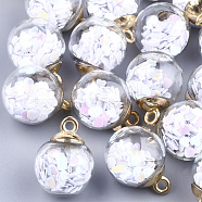 Glass Ball Pendants, with Glitter Sequins and CCB Plastic Findings, Round with Heart, Golden, White, 21x15.5~16mm, Hole: 2mm(GLAA-T003-07C)