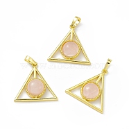 Natural Rose Quartz Pendants, Triangle Charms, with Golden Tone Rack Plating Brass Findings, Cadmium Free & Lead Free, 26.5x27x7~7.5mm, Hole: 7x4mm(G-H283-05A)