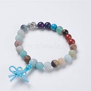 Chakra Jewelry, Natural Flower Amazonite and Mixed Stone Buddha Buddha Stretch Bracelets, Frosted, with Alloy Findings, Buddha Head, 2-1/8 inch(54mm), Pendant: 40x10mm(BJEW-K200-02-11AS)