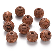 Painted Natural Wood Beads, Laser Engraved Pattern, Round with Leave Pattern, Peru, 10x9mm, Hole: 2.5mm(X-WOOD-N006-02A-02)