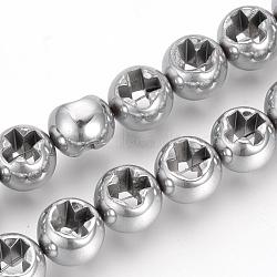 Electroplate Non-magnetic Synthetic Hematite Beads Strands, Rondelle with Cross Shaped Hole, Platinum Plated, 10x8mm, Hole: 1mm, about 40pcs/strand, 15.7 inch(G-Q486-76H)
