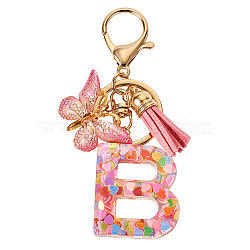 Acrylic and Resin Keychain, with Tassel, Alloy Rings, Butterfly, 10cm, Pendant: 23~43mm(KEYC-TAC00013-02)
