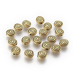 Tibetan Style Alloy Beads, Flat Round with Helix, Cadmium Free & Nickel Free & Lead Free, Antique Golden, 8x8x4mm, Hole: 1mm(GLF10741Y-NF)