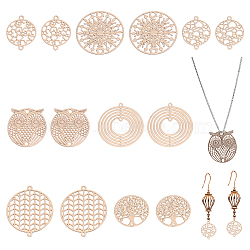 56Pcs 7 Styles Brass Connector Charms, Etched Metal Embellishments, Long-Lasting Plated, Owl & Flat Round, Mixed Shapes, Light Gold, 16~23.5x12.5~20x0.3mm, Hole: 1mm, 8pcs/style(KKC-CA0001-07)