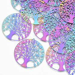 Ion Plating(IP) 201 Stainless Steel Filigree Pendants, Etched Metal Embellishments, Flat Round with Tree of Life, Rainbow Color, 47x45x0.3mm, Hole: 1.2mm(X-STAS-R102-37)