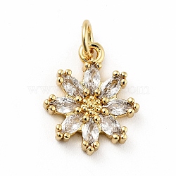 Rack Plating Brass Micro Pave Cubic Zirconia Charms, Long-Lasting Plated, Lead Free & Cadmium Free, Real 18K Gold Plated, Flower, Clear, 14.5x12x3mm, Hole: 3mm(ZIRC-F129-34E-G)