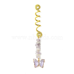 Alloy Dreadlocks Beads, Butterfly Glass and Natural Amethyst Chips Braiding Hair Pendants Decoration Clips, for Hair Styling, 113mm, Hole: 4.5mm, Inner Diameter: 8mm(OHAR-JH00030-02)