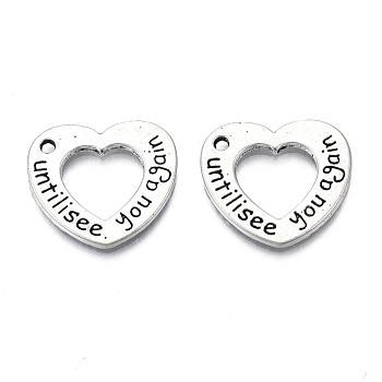 Tibetan Style Alloy Pendants, Cadmium Free & Lead Free, Heart with Word Untili See You Again, Antique Silver, 18x20x1.5mm, Hole: 1.6mm, about 560pcs/1000g