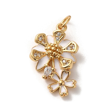 Brass Micro Pave Cubic Zirconia Pendants, with Enamel, Jump Rings, Flower, Golden, 20x13x5mm, Hole: 3.6mm